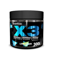 X3 bote de 300g de Quamtrax dentro de Pre entreno