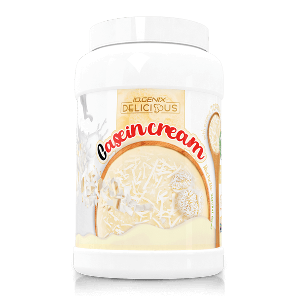 Casein Cream bote de con toppings de IO.Genix en la sección de caseina