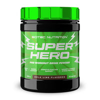 SuperHero envase de 285g en la sección de pre entreno hecho por Scitec Nutrition